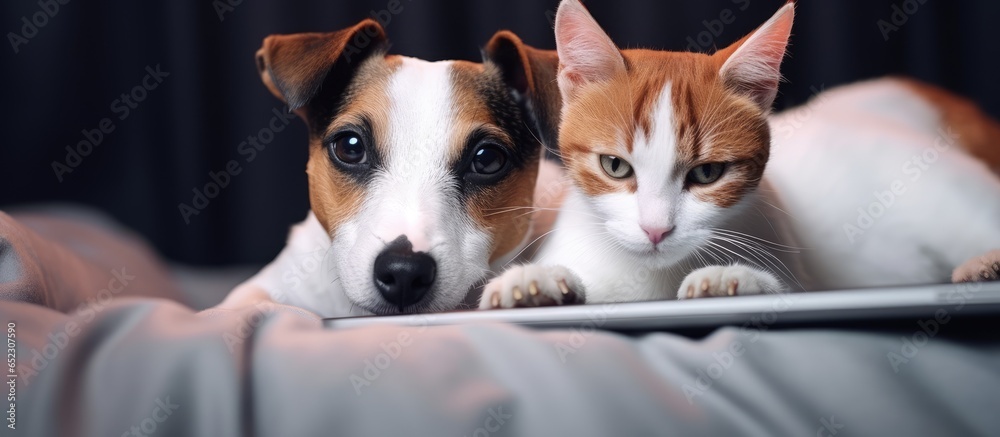 The pets rest on the bed Jack Russell works on the laptop