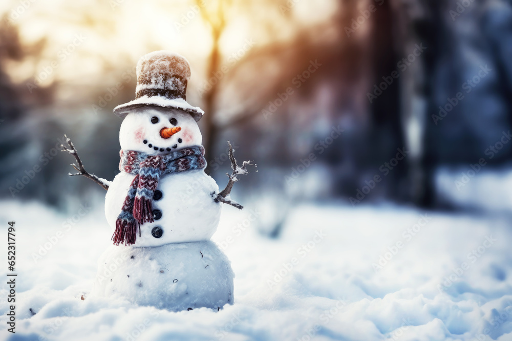 Snowman with carrot nose, scarf and hat on snow in winter