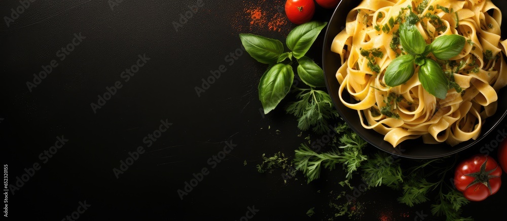 Top view of black bowl with tagliatelle pasta pesto sauce and basil leaves Copy space available