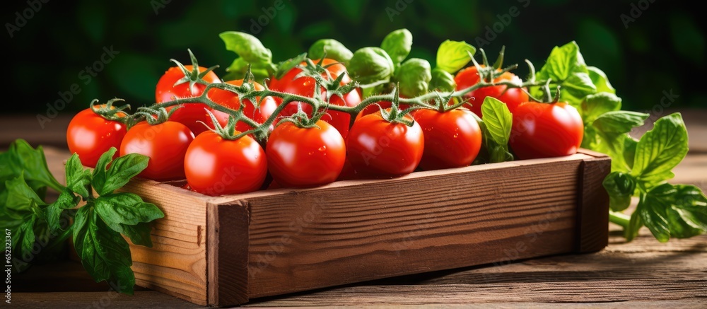 Tomatoes harvested in a wooden box with green leaves Organic food Gardening and farming Isolated on white background