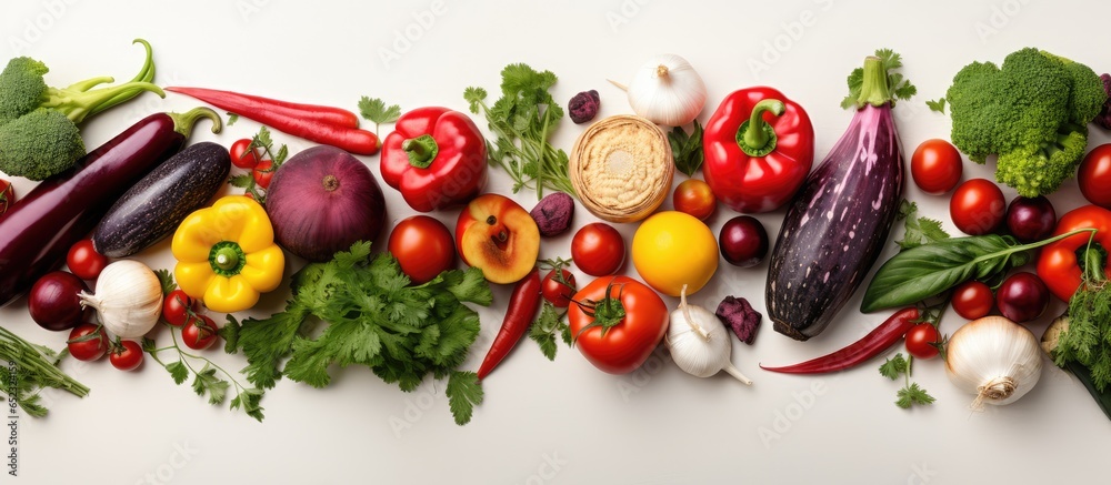 Top view of organic vegetables on white background copy space available