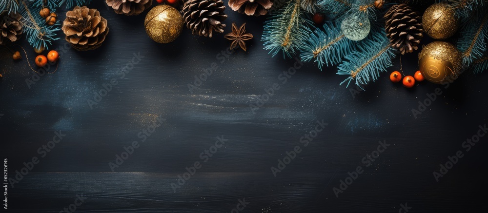 Top view of holiday themed background with a fir tree and decorations offering space for text