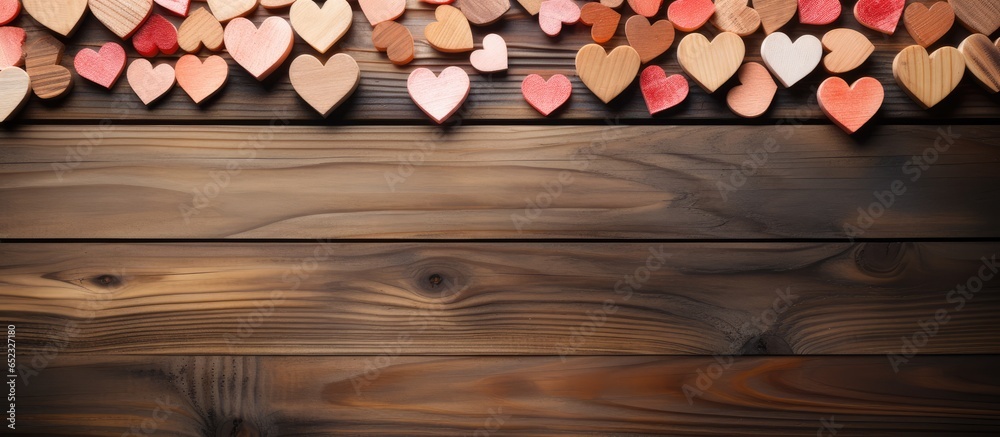 Valentines themed wooden tabletop with hearts used as a backdrop