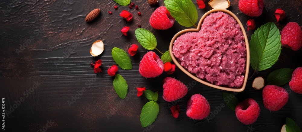 Valentine s Day dessert healthy vegan heart shaped cakes with raspberries mint rose flowers and cashew nuts seen from above