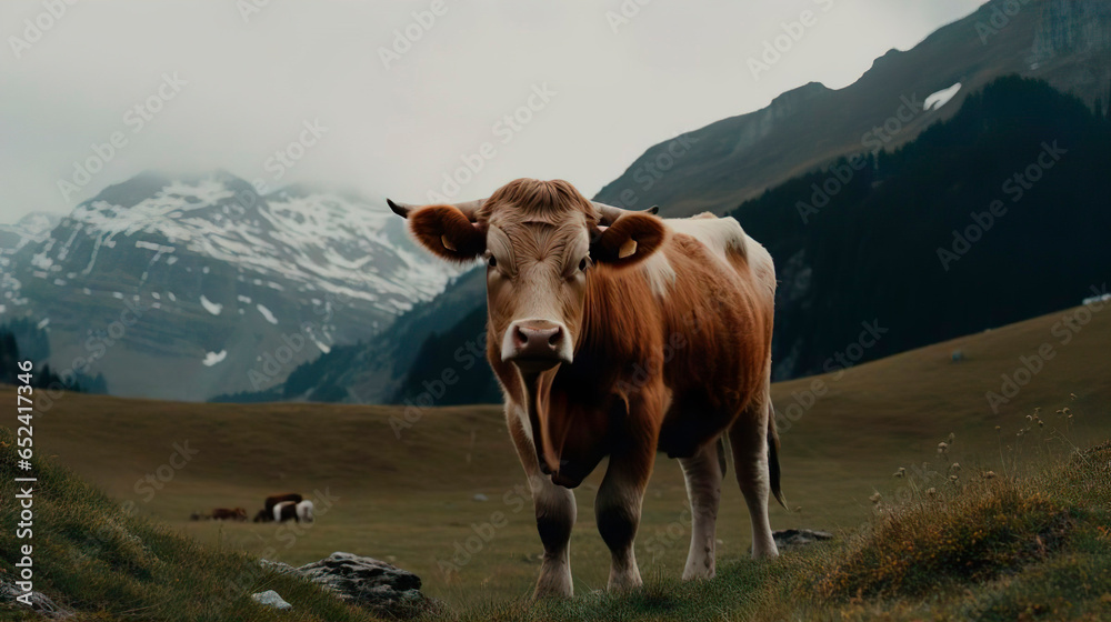 Cow bull with horns grazing on a grass field meadow surrounded by mountains. A cow in the pasture over blue sky. Agriculture, farm, cattle, livestock, milk, production of dairy products concept. 