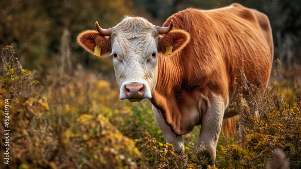 Cow bull with horns grazing on a grass field meadow surrounded by mountains. A cow in the pasture over blue sky. Agriculture, farm, cattle, livestock, milk, production of dairy products concept. 