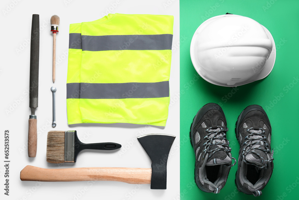 Set of construction tools, shoes and safety vest on color background