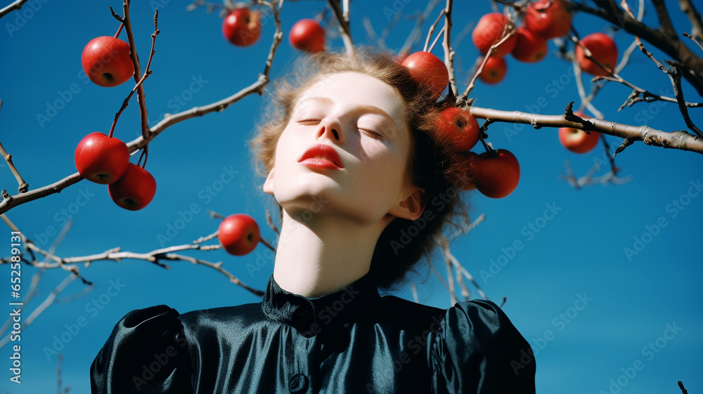 Beautiful young model with red apples