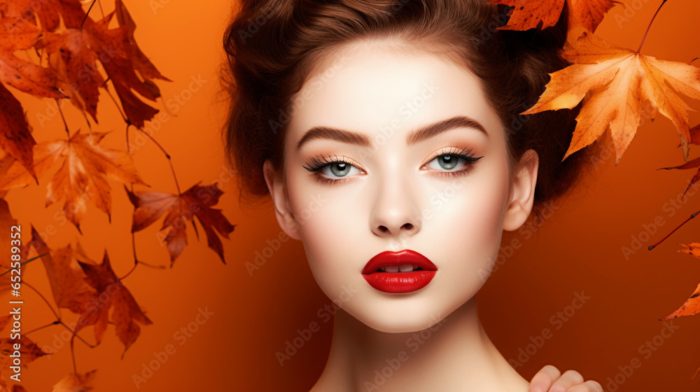 Beautiful model with autumn leaves