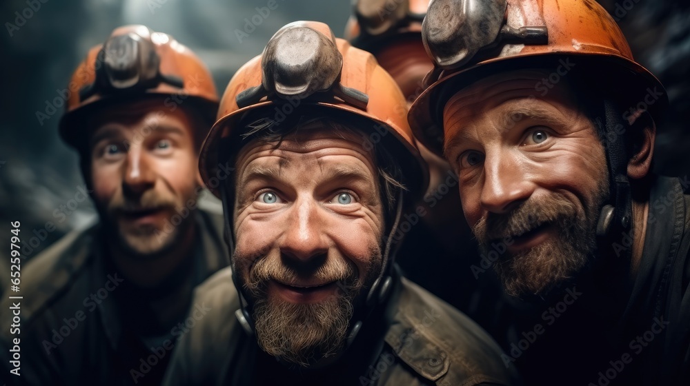 Coal miners smiling, Portrait.