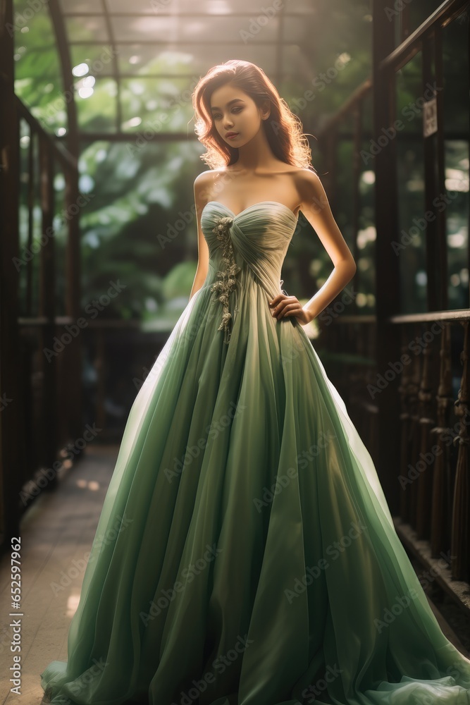 Beautiful woman in a green wedding dress, Wedding dress, Wedding.