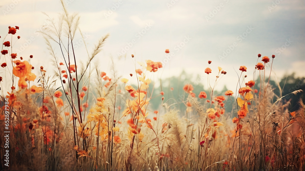 Field full of autumn flowers at sunrise