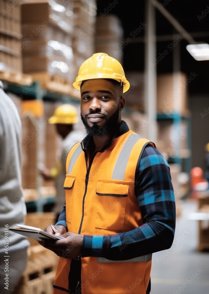 African American logistics supervisor doing merchandise inventory in warehouse.