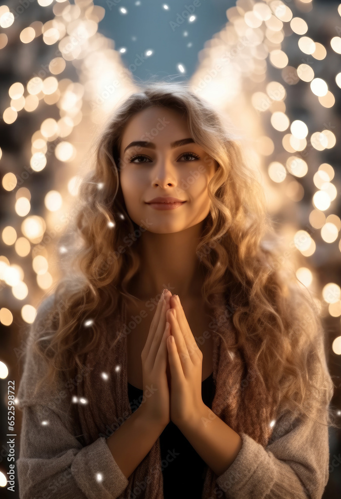 Beautiful girl with sparkling lights at night.