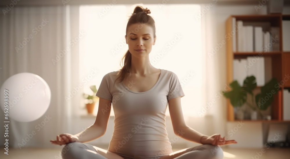 Beautiful young pregnant woman doing yoga and meditation in living room at home.