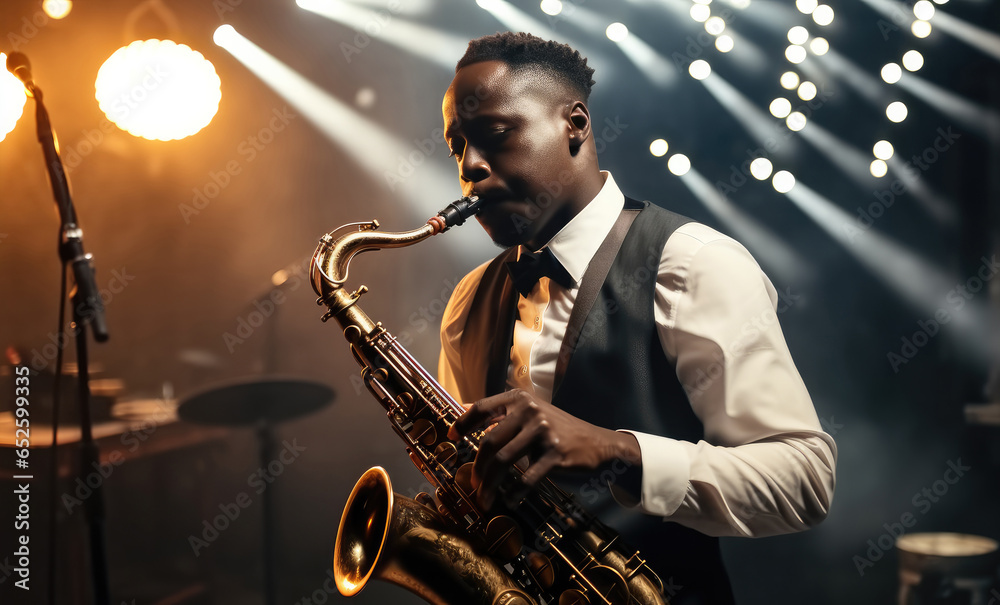 African American jazz performer plays the saxophone on stage.