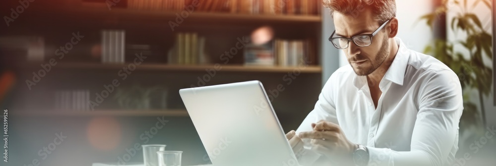 Businessman research and reading email using laptop in office.