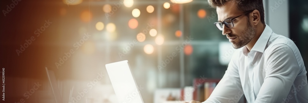 Businessman research and reading email using laptop in office.