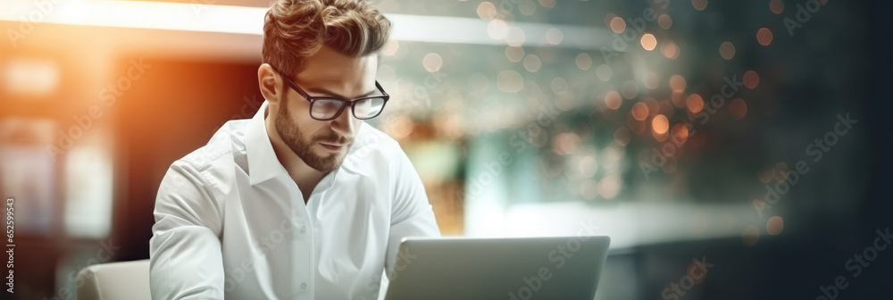 Businessman research and reading email using laptop in office.