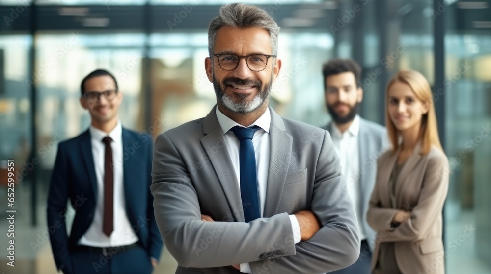 Portrait of confident mature good looking middle aged leader, CEO businessman in suit on office multiethnic employees background.