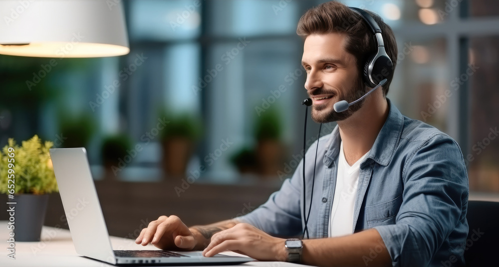 Call center operator. Professional customer support wearing microphone headset working in the office as a telemarketing customer service agent.