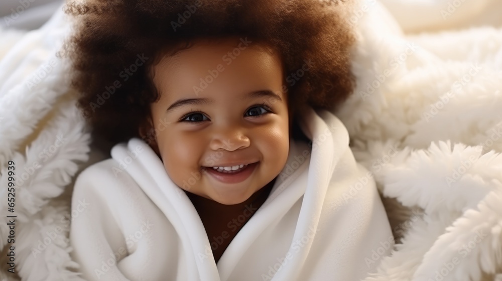 Little smiling black baby kid wrapped in soft white blanket on a bed.