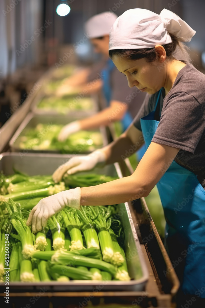 Female worker are washing leeks after sorting on a conveyor in vegetable factory, Food industry.