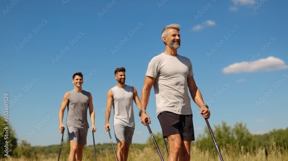 Group of men practicing Nordic walking with poles on rural road.