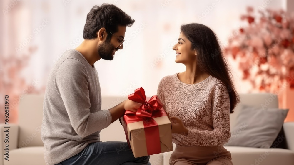 Man giving a gift box to his wife on the occasion of celebration marriage anniversary.