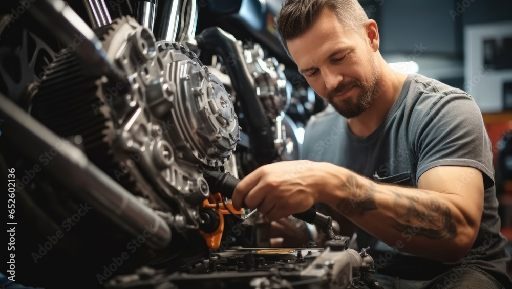 Man mechanic repair motorcycle and checking list of prescribed maintenance tasks.