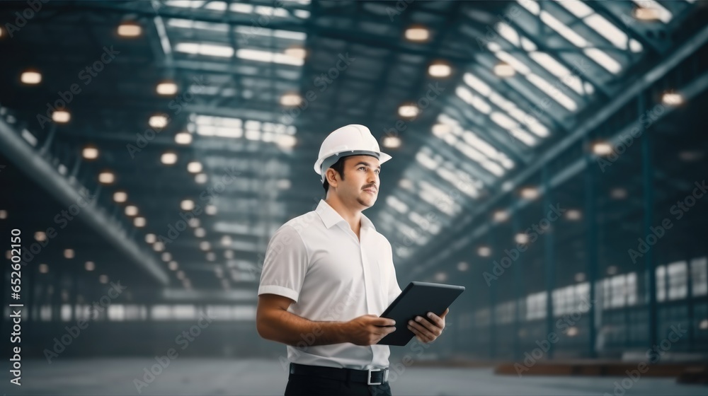 Logistics supervisor doing merchandise inventory in empty warehouse, Warehouse industry concept.