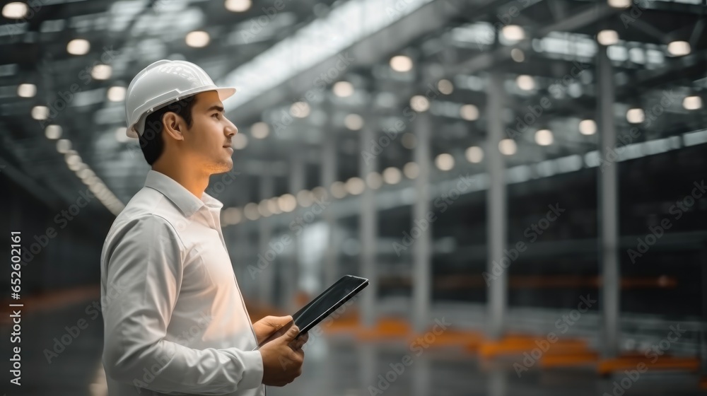 Logistics supervisor doing merchandise inventory in empty warehouse, Warehouse industry concept.