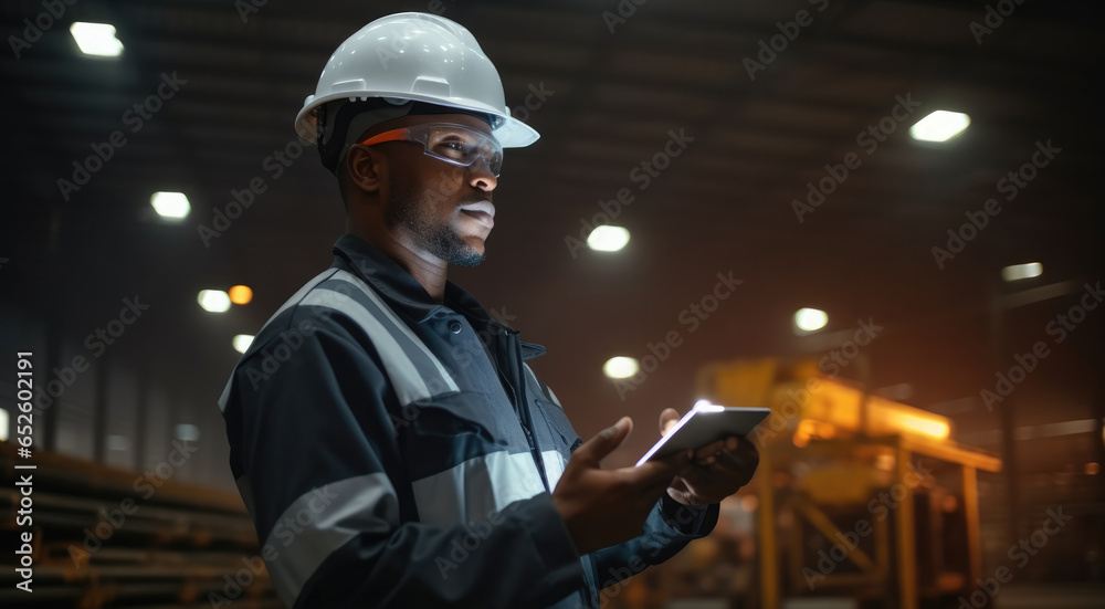 African American industrial specialist doing work in a metal manufacture warehouse using tablet computer.