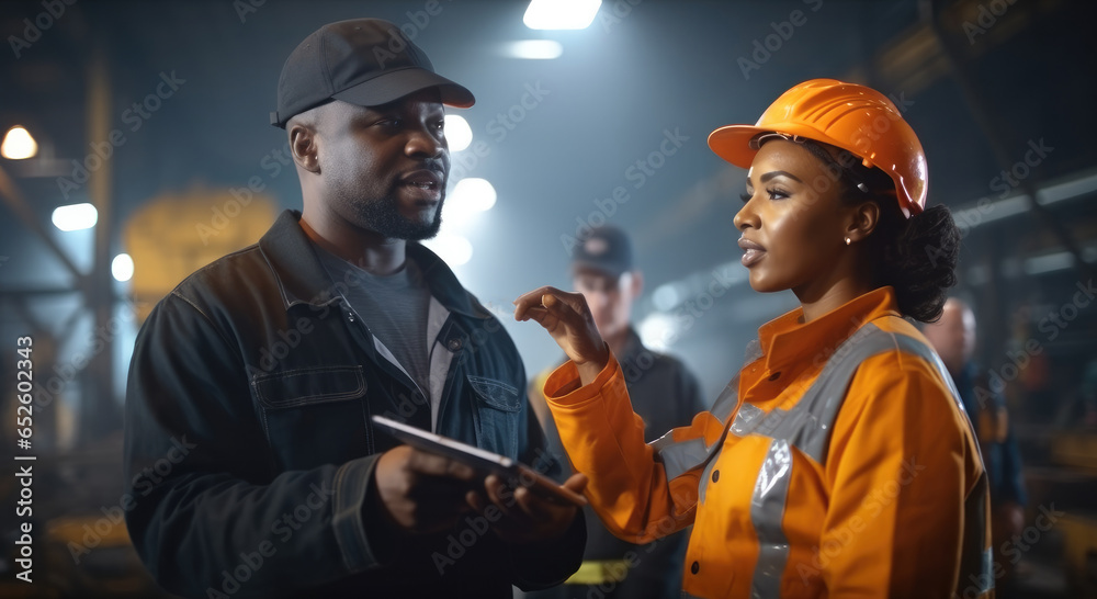 Two Heavy Industry Engineers stand in Steel Metal Manufacturing Factory, African American industrial engineer working with female technician.