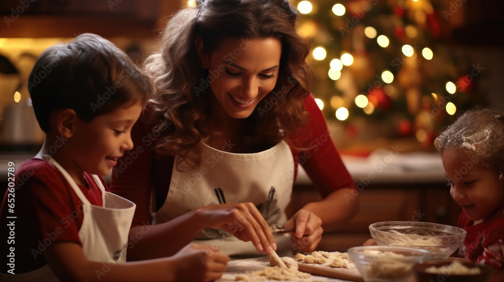 Mother and daughter preparing gingerbread cookies for Christmas together, Its time for Christmas cookies.