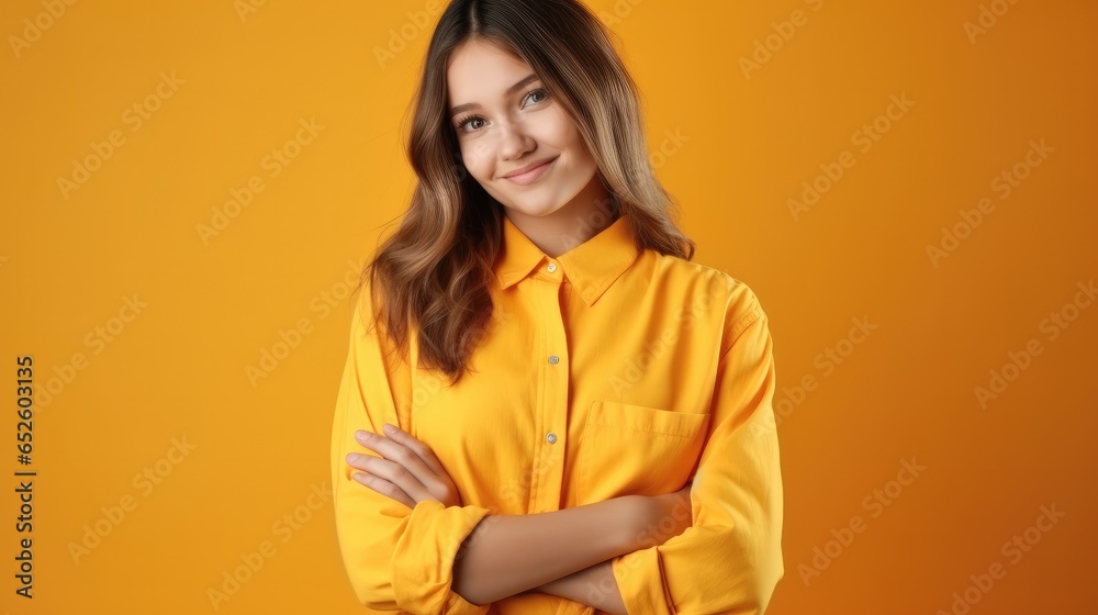 Portrait of smiling teen girl standing against yellow background.