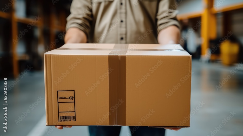 Courier holding cardboard box for delivery.