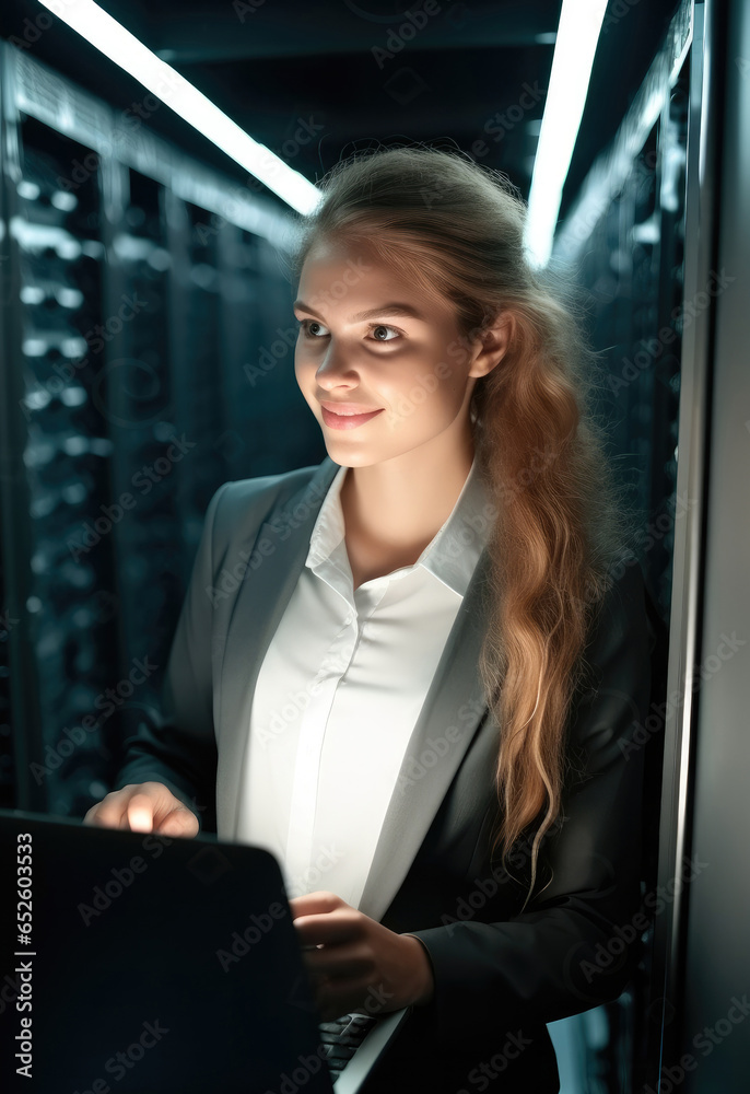 IT Engineers woman Working Data Center, While Works on Laptop Computer.