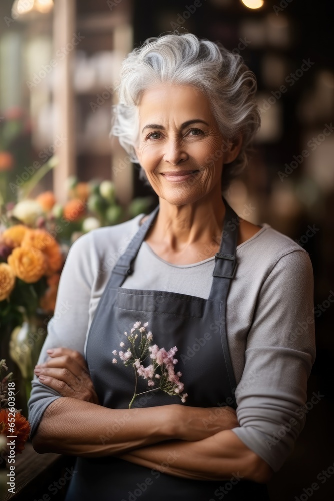 Happy senior woman standing in flower shop, Owner.