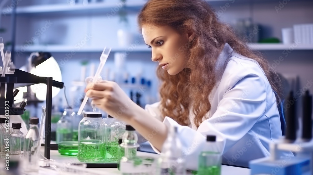 Female scientist doing research on plants holding a green solution in a test tube in the science laboratory.