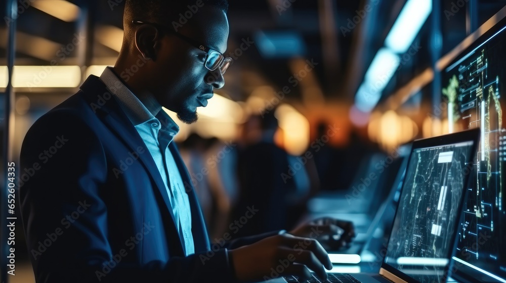 African American IT man with laptop checks the operation of servers and automation in the server room, Collection and storage of large amounts of data.