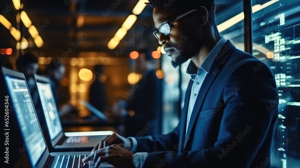 African American IT man with laptop checks the operation of servers and automation in the server room, Collection and storage of large amounts of data.