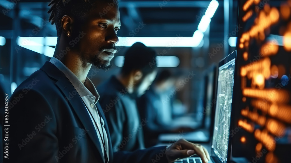 African American IT Engineers Standing in Data Center, While Works on Laptop Computer.