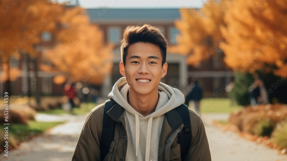 Smiling Asian student on a college campus.