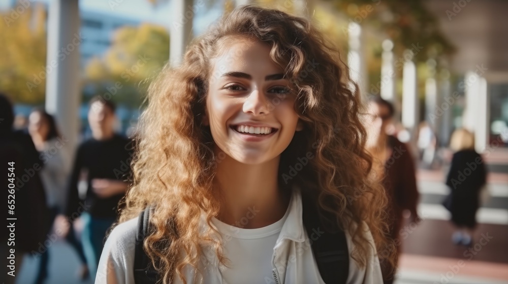 Happy young caucasian female student on a college campus.