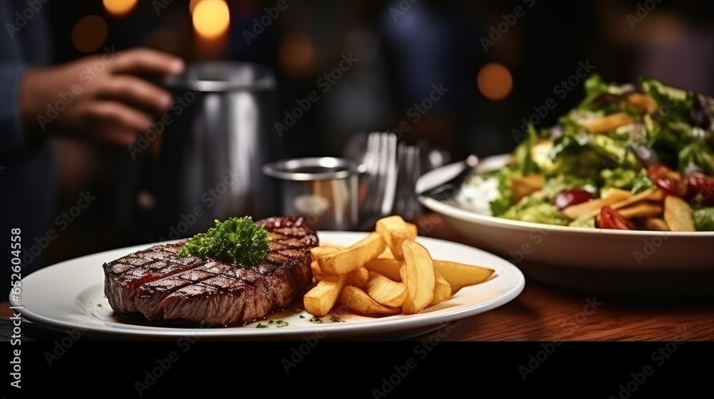 Tasty baked beef steak with potatoes at the plate