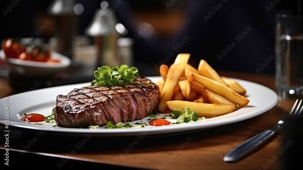 Tasty baked beef steak with potatoes at the plate