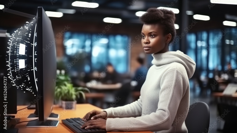 Black woman Tech engineer creating machine learning software to be used as an autonomous virtual entity, Programming script in cyberspace.