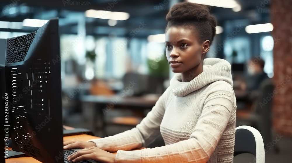 Black woman Tech engineer creating machine learning software to be used as an autonomous virtual entity, Programming script in cyberspace.