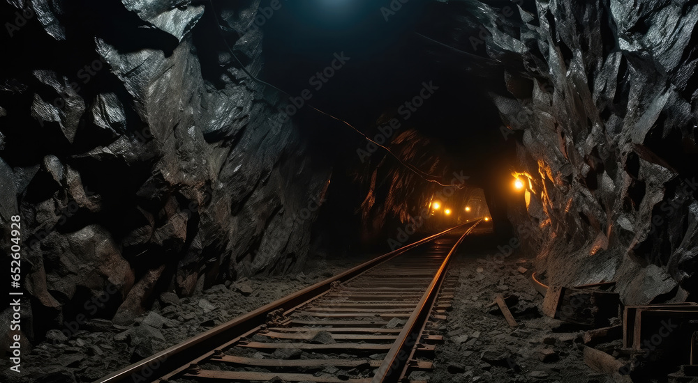 Coal mine underground corridor with freight railroad.